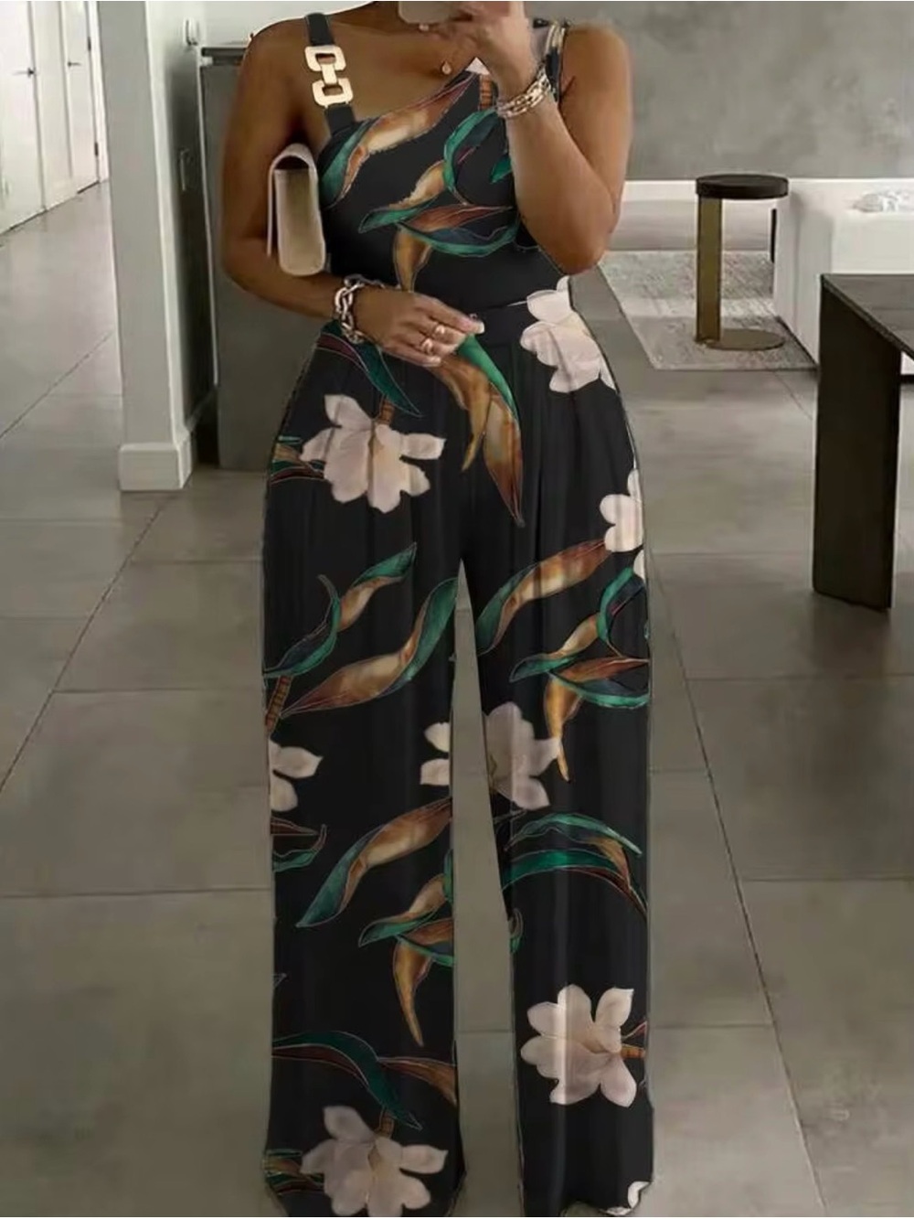 SHEIN Black One-Shoulder Tropical Floral Jumpsuit